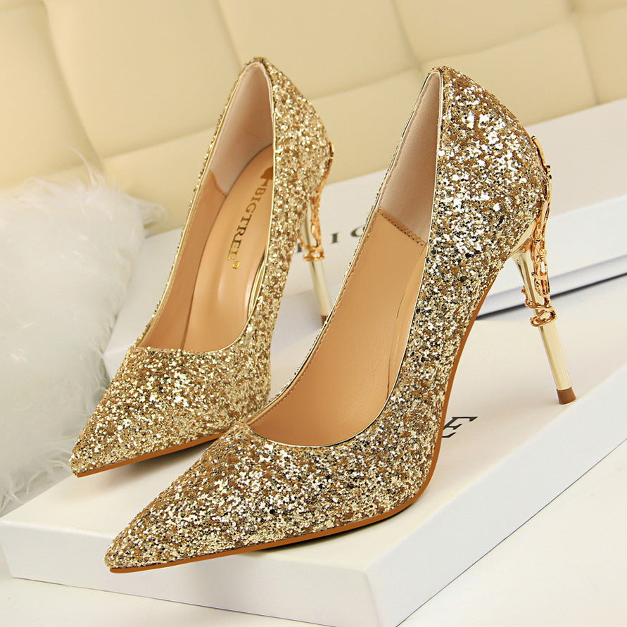 9219-12 European and American Style Fashion Sexy Nightclub Women's Shoes Metal Heel Stiletto High Heel Shallow Pointed Toe Sequin Pumps