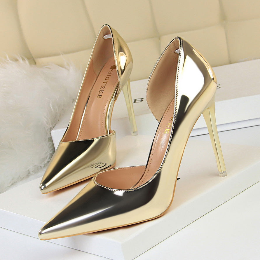 18188-1 European and American Style High Heels Simple Thin Heel Metal Very High Very Shallow Mouth Pointed Toe Side Hollow Sexy Single Shoes