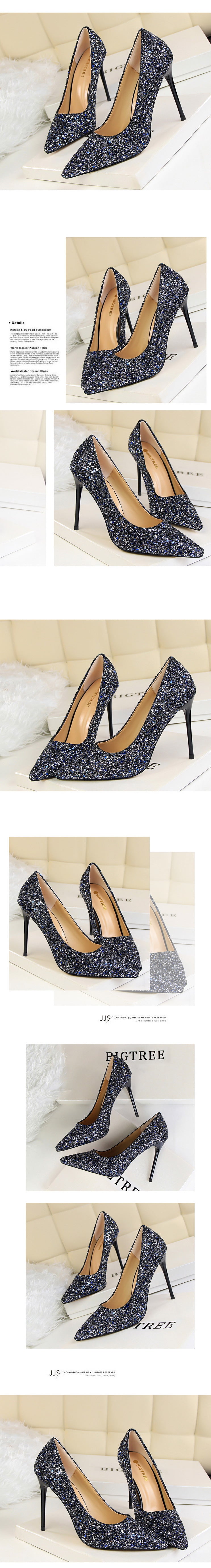 9219-1 European and American Style Women's Shoes High Heel Low-Cut Pointed Toe Sparkle Sequins Sexy Slimming Nightclub High Heels Pumps