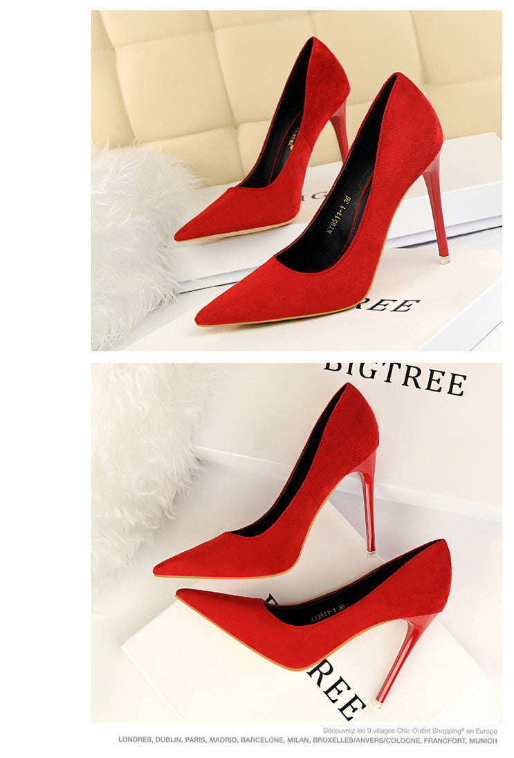 9511-1 European and American Style Fashion Simple Stylet Ultra High Heel Shallow Pointed Toe Suede Slim Sexy Nightclub Women's Shoes