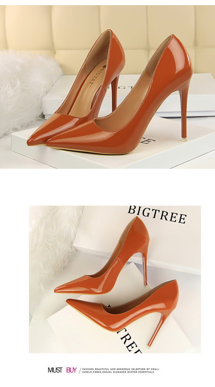 9511-6 European and American Style Fashion Simple Stiletto Ultra High Heel Patent Leather Shallow Pointed Toe Sexy Nightclub Slimming Women's Single Shoes