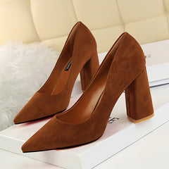 828-2 European and American Style Simple Chunky Heel High Heel Suede Shallow Pointed Toe Professional OL Slimming Women's Shoes High Heels Single Shoes