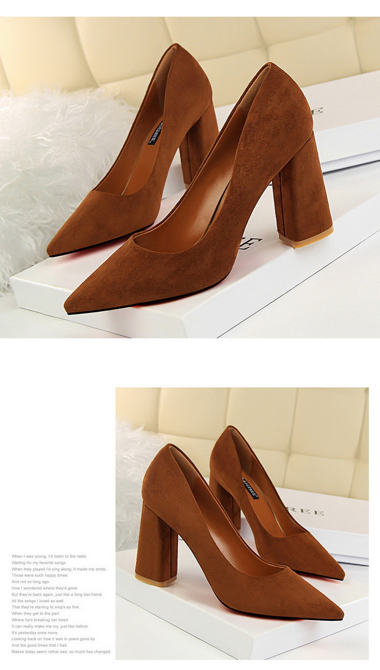 828-2 European and American Style Simple Chunky Heel High Heel Suede Shallow Pointed Toe Professional OL Slimming Women's Shoes High Heels Single Shoes