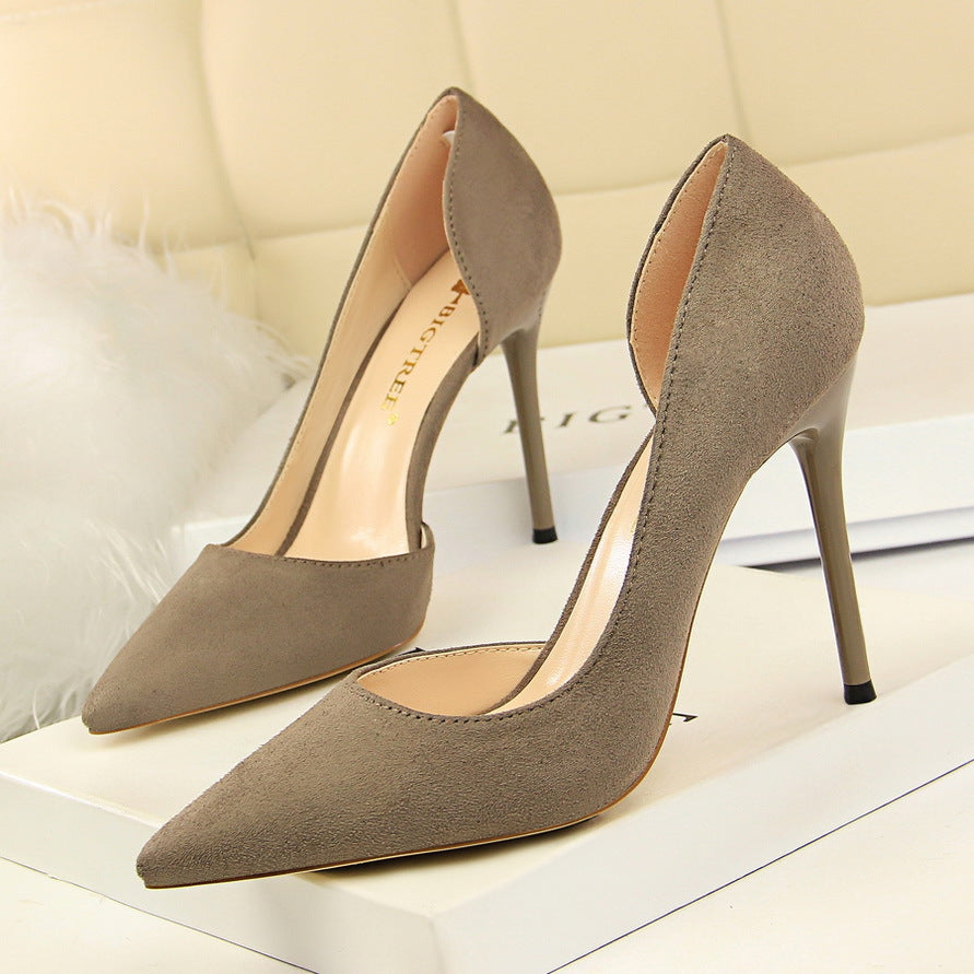 8918-2 European and American Style Simple Stiletto Ultra High Heel Suede Shallow Pointed Toe Sexy Nightclub Slimming Side Hollow Single Shoes