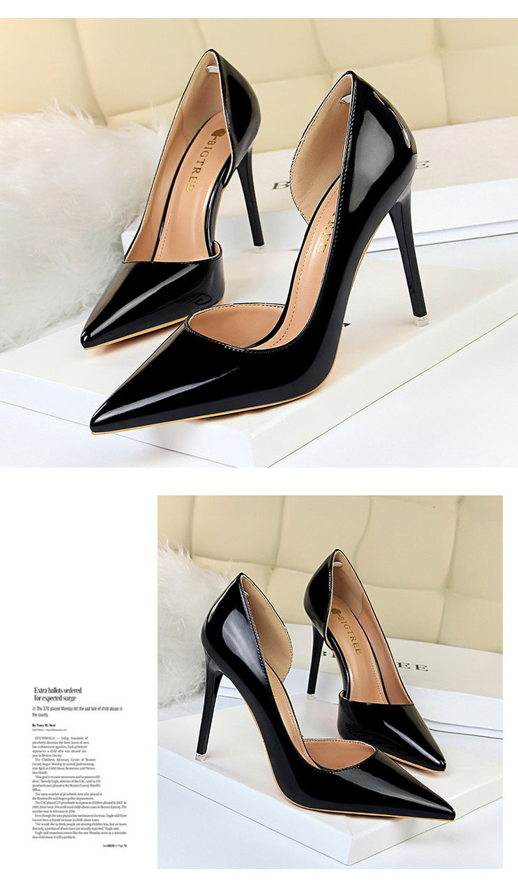 18188-1 European and American Style High Heels Simple Thin Heel Metal Very High Very Shallow Mouth Pointed Toe Side Hollow Sexy Single Shoes