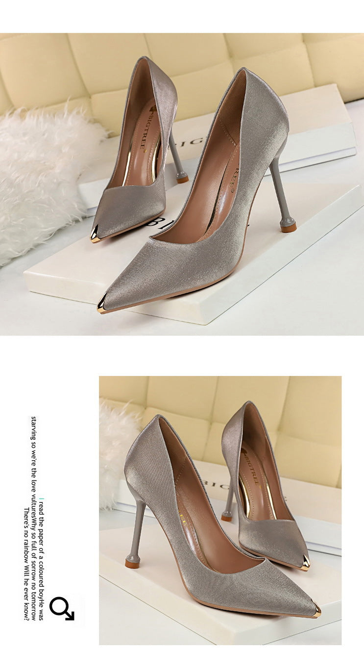 1823-1 European and American Style Fashion Party Women's Shoes Thin Heel High Heel Satin Shallow Mouth Metal Pointed Toe Sexy Slimming Single Shoes