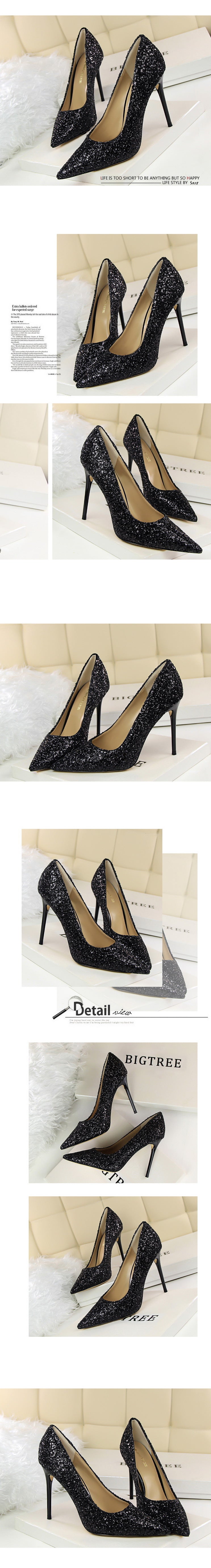 9219-1 European and American Style Women's Shoes High Heel Low-Cut Pointed Toe Sparkle Sequins Sexy Slimming Nightclub High Heels Pumps