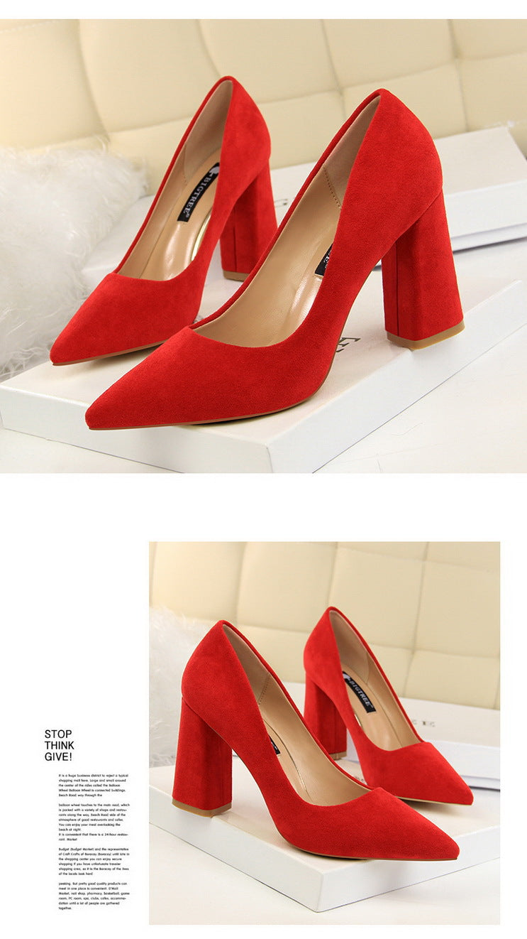 828-2 European and American Style Simple Chunky Heel High Heel Suede Shallow Pointed Toe Professional OL Slimming Women's Shoes High Heels Single Shoes