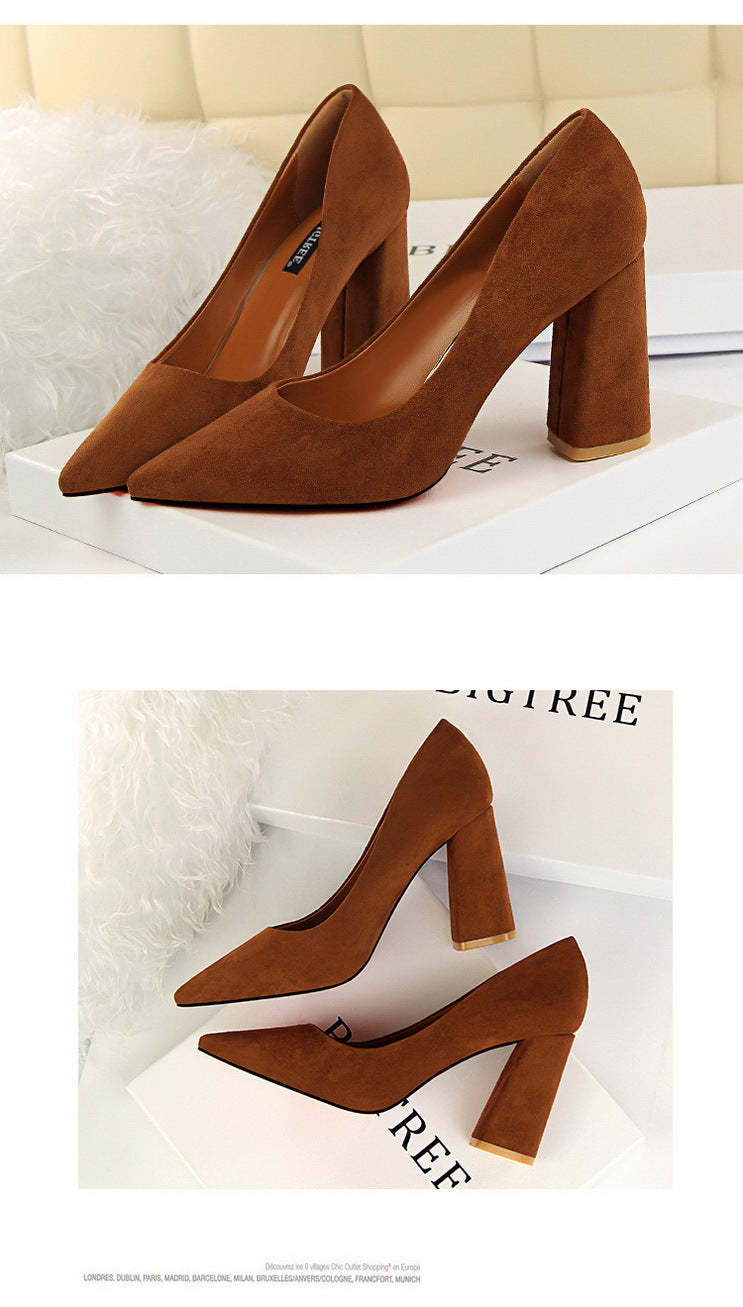 828-2 European and American Style Simple Chunky Heel High Heel Suede Shallow Pointed Toe Professional OL Slimming Women's Shoes High Heels Single Shoes