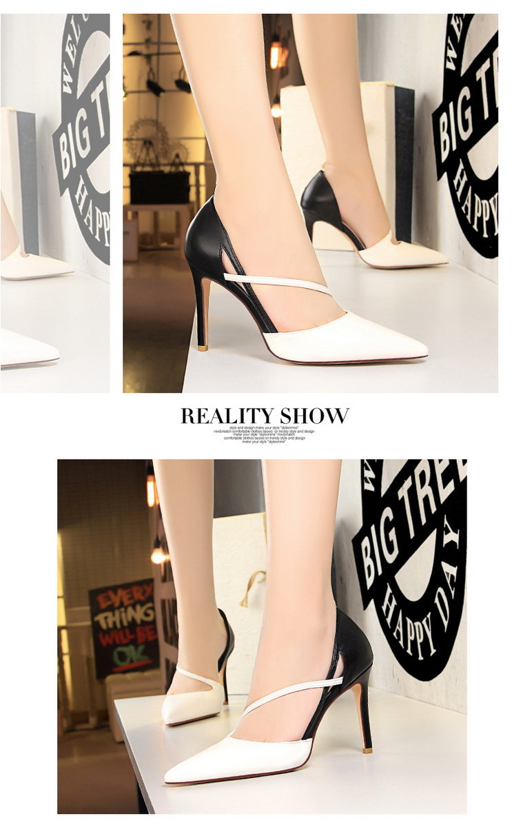 830-2 Korean Style Fashion Sweet High Heels Women's High Heel Shallow Mouth Pointed Toe Color Block Hollow Strap Slimming Single Shoes