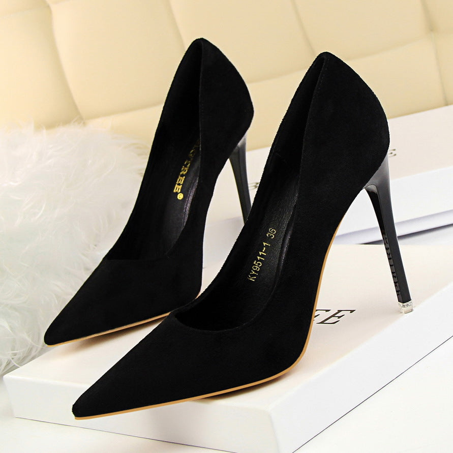 9511-1 European and American Style Fashion Simple Stylet Ultra High Heel Shallow Pointed Toe Suede Slim Sexy Nightclub Women's Shoes