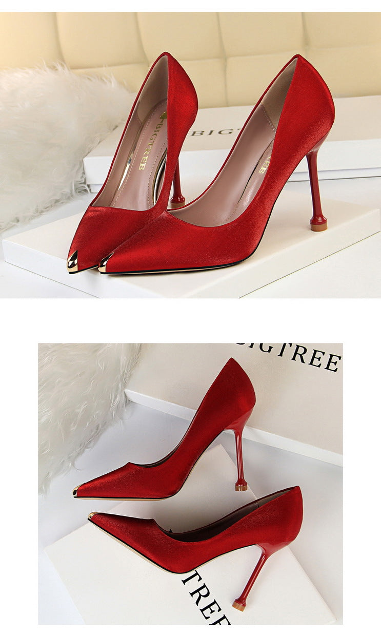 1823-1 European and American Style Fashion Party Women's Shoes Thin Heel High Heel Satin Shallow Mouth Metal Pointed Toe Sexy Slimming Single Shoes