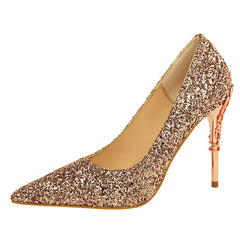 9219-12 European and American Style Fashion Sexy Nightclub Women's Shoes Metal Heel Stiletto High Heel Shallow Pointed Toe Sequin Pumps