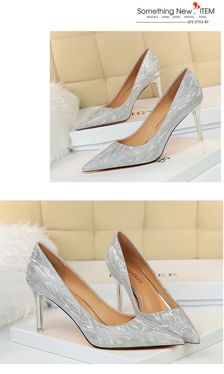 1829-A1 European and American Style Fashion Sexy Party High Heels Women's Shoes Thin Heel High Heel Shallow Mouth Pointed Toe Sequin Single Shoes