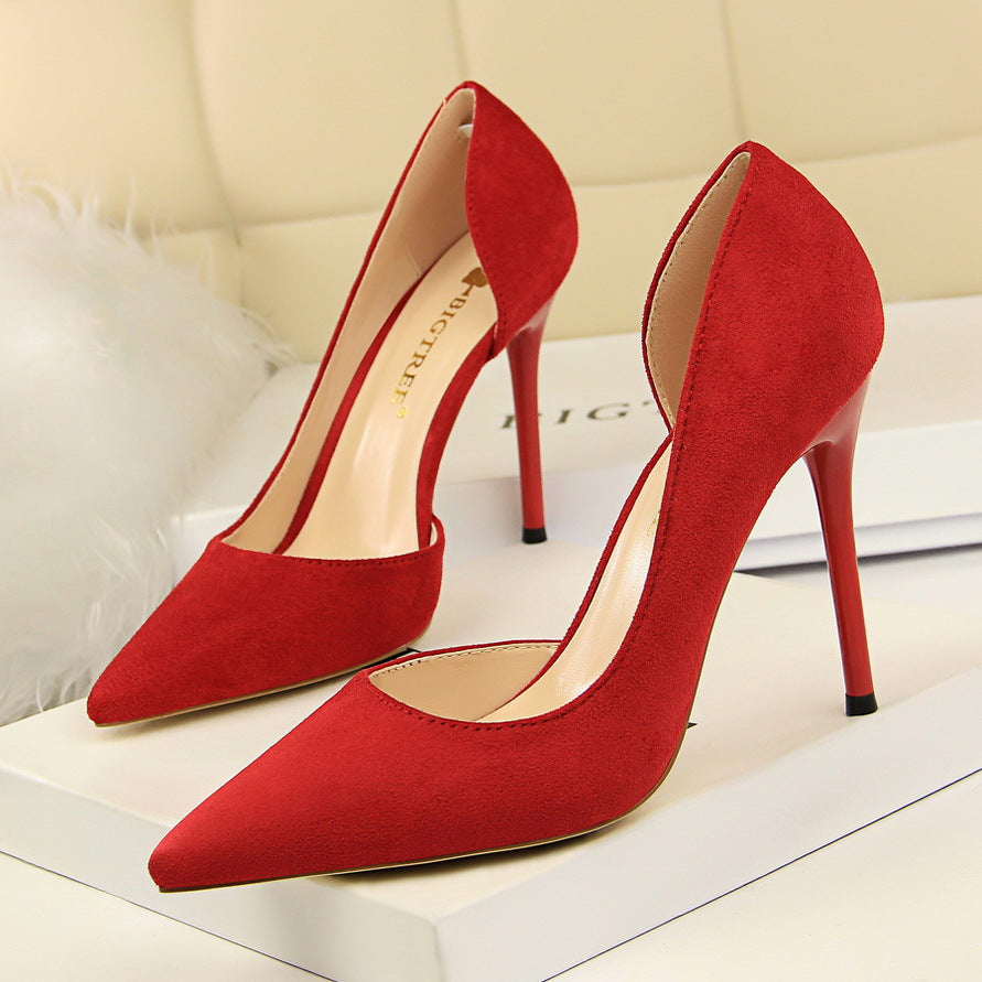 8918-2 European and American Style Simple Stiletto Ultra High Heel Suede Shallow Pointed Toe Sexy Nightclub Slimming Side Hollow Single Shoes