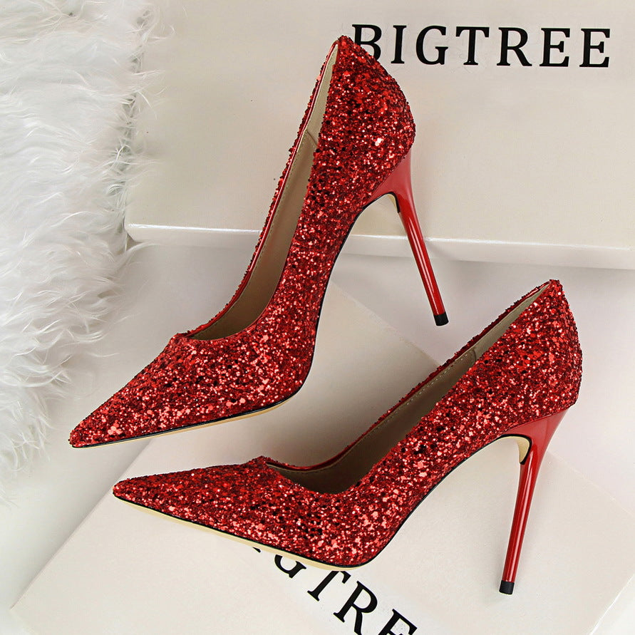 9219-1 European and American Style Women's Shoes High Heel Low-Cut Pointed Toe Sparkle Sequins Sexy Slimming Nightclub High Heels Pumps