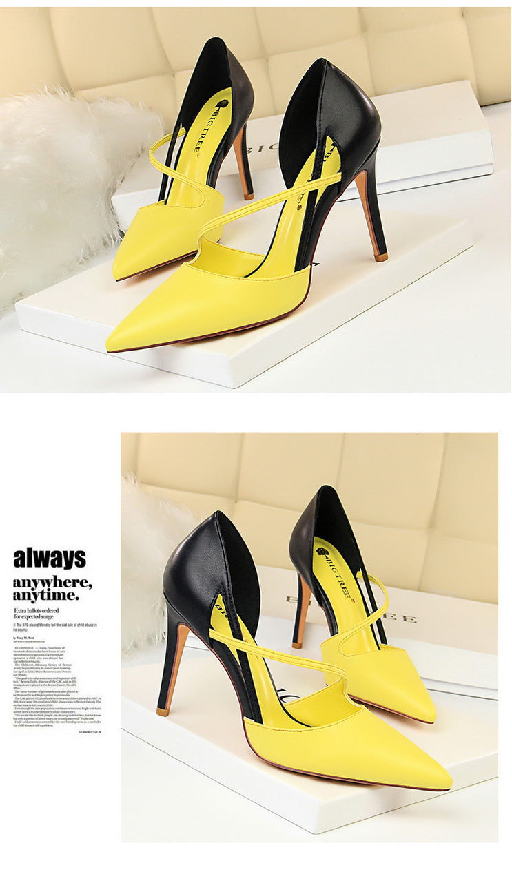 830-2 Korean Style Fashion Sweet High Heels Women's High Heel Shallow Mouth Pointed Toe Color Block Hollow Strap Slimming Single Shoes