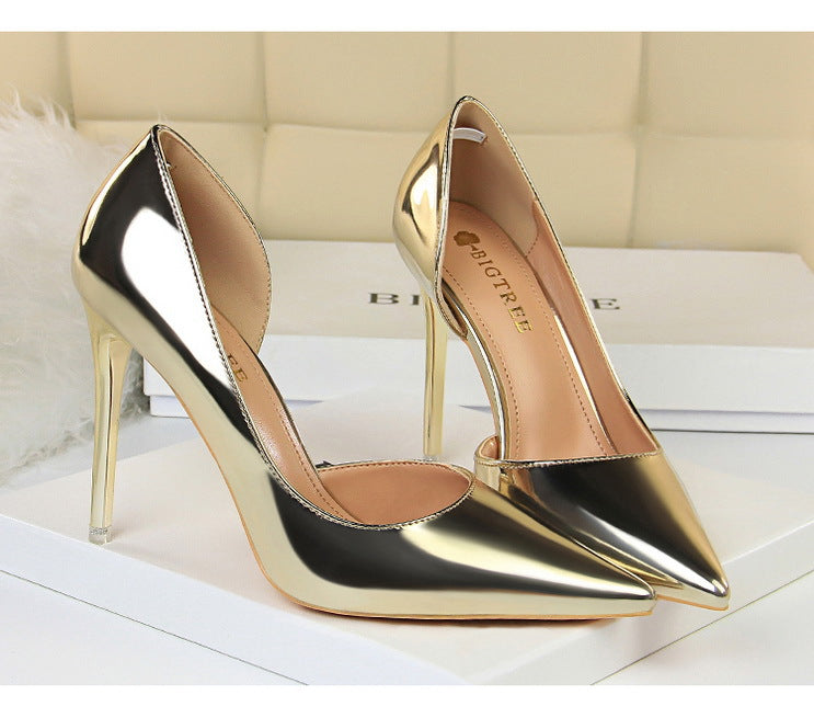 18188-1 European and American Style High Heels Simple Thin Heel Metal Very High Very Shallow Mouth Pointed Toe Side Hollow Sexy Single Shoes