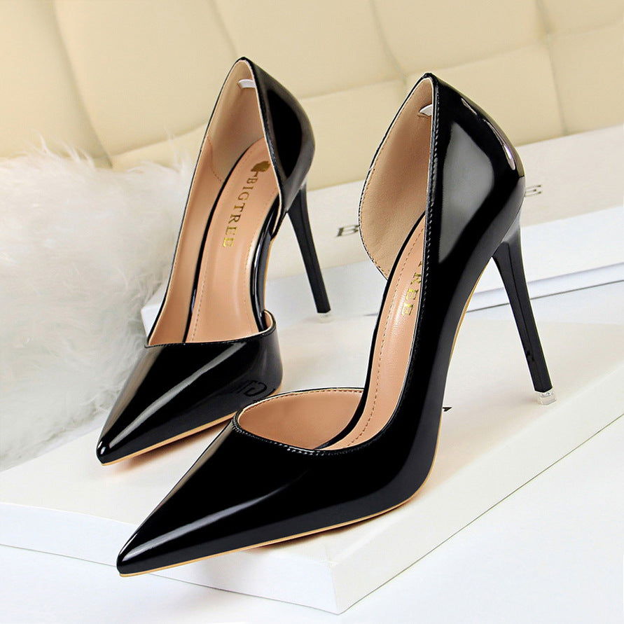 18188-1 European and American Style High Heels Simple Thin Heel Metal Very High Very Shallow Mouth Pointed Toe Side Hollow Sexy Single Shoes