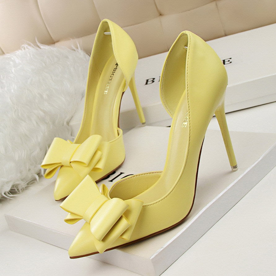 3168-2 Korean Style Fashionable Sweet Bowknot High Heels Stiletto Heel Shallow Mouth Pointed Toe Side Hollow out Pumps