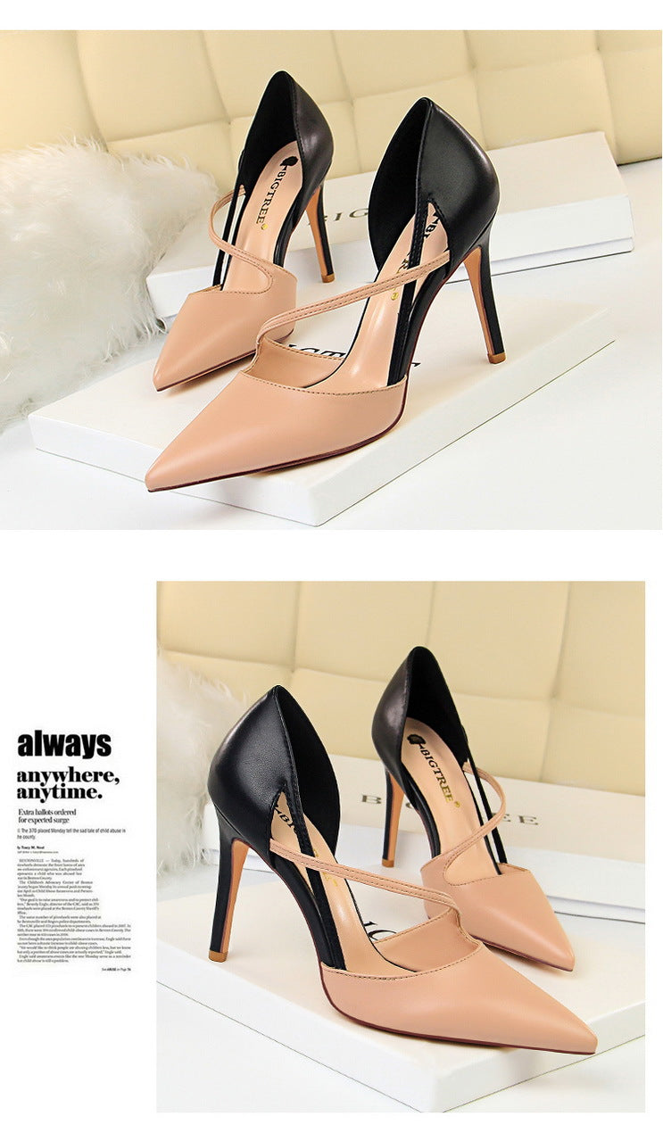 830-2 Korean Style Fashion Sweet High Heels Women's High Heel Shallow Mouth Pointed Toe Color Block Hollow Strap Slimming Single Shoes