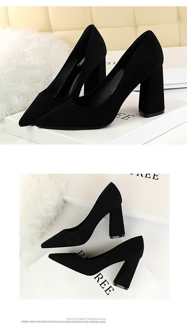 828-2 European and American Style Simple Chunky Heel High Heel Suede Shallow Pointed Toe Professional OL Slimming Women's Shoes High Heels Single Shoes