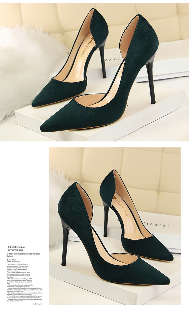 8918-2 European and American Style Simple Stiletto Ultra High Heel Suede Shallow Pointed Toe Sexy Nightclub Slimming Side Hollow Single Shoes