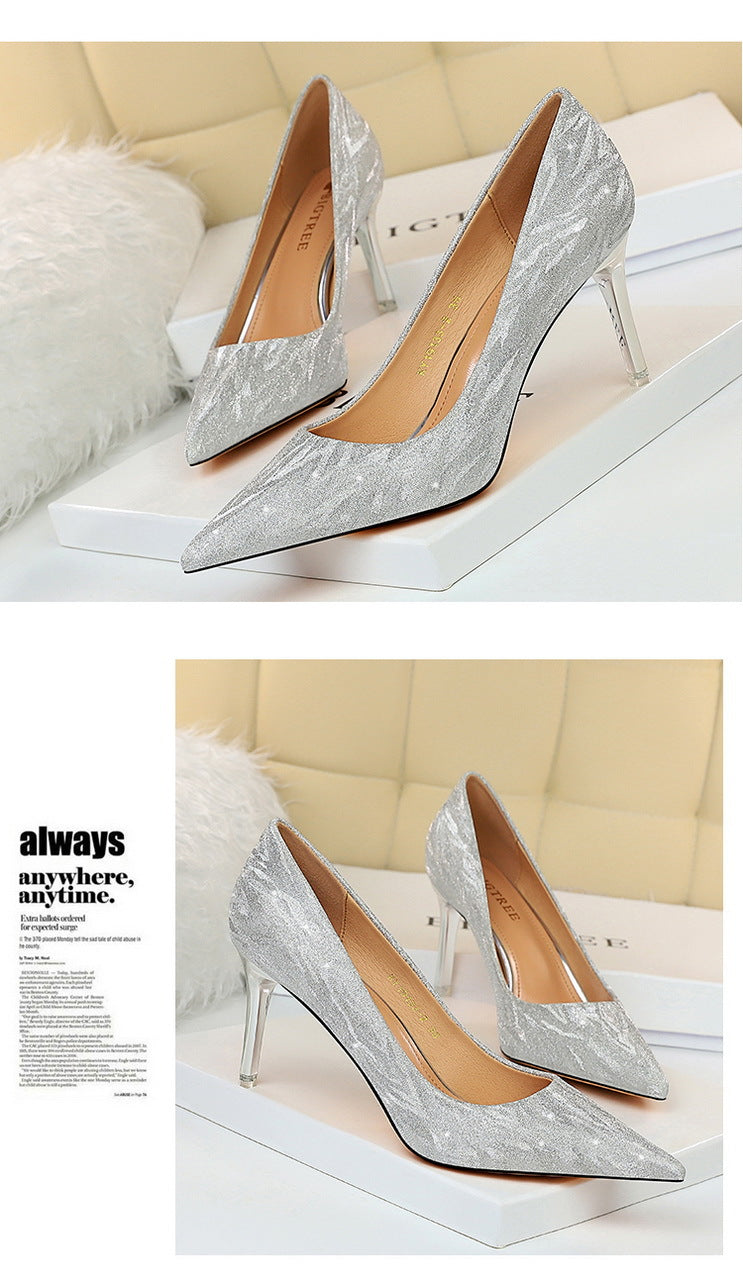 1829-A1 European and American Style Fashion Sexy Party High Heels Women's Shoes Thin Heel High Heel Shallow Mouth Pointed Toe Sequin Single Shoes