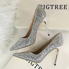 9219-1 European and American Style Women's Shoes High Heel Low-Cut Pointed Toe Sparkle Sequins Sexy Slimming Nightclub High Heels Pumps