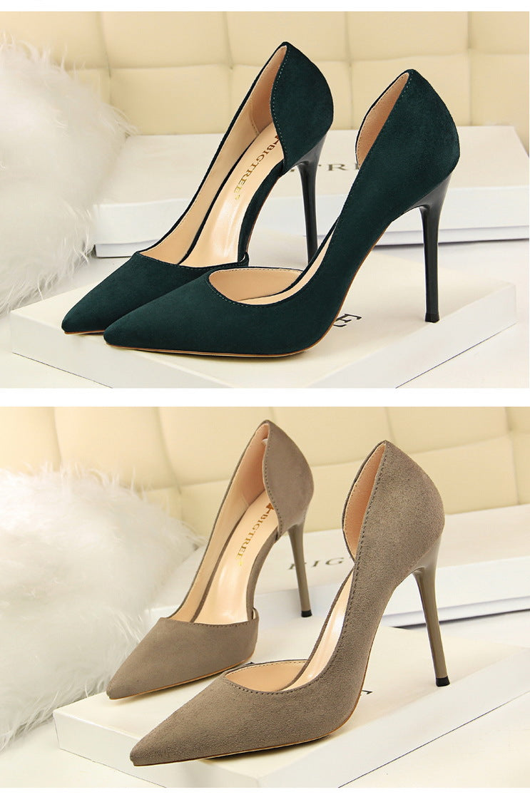 8918-2 European and American Style Simple Stiletto Ultra High Heel Suede Shallow Pointed Toe Sexy Nightclub Slimming Side Hollow Single Shoes