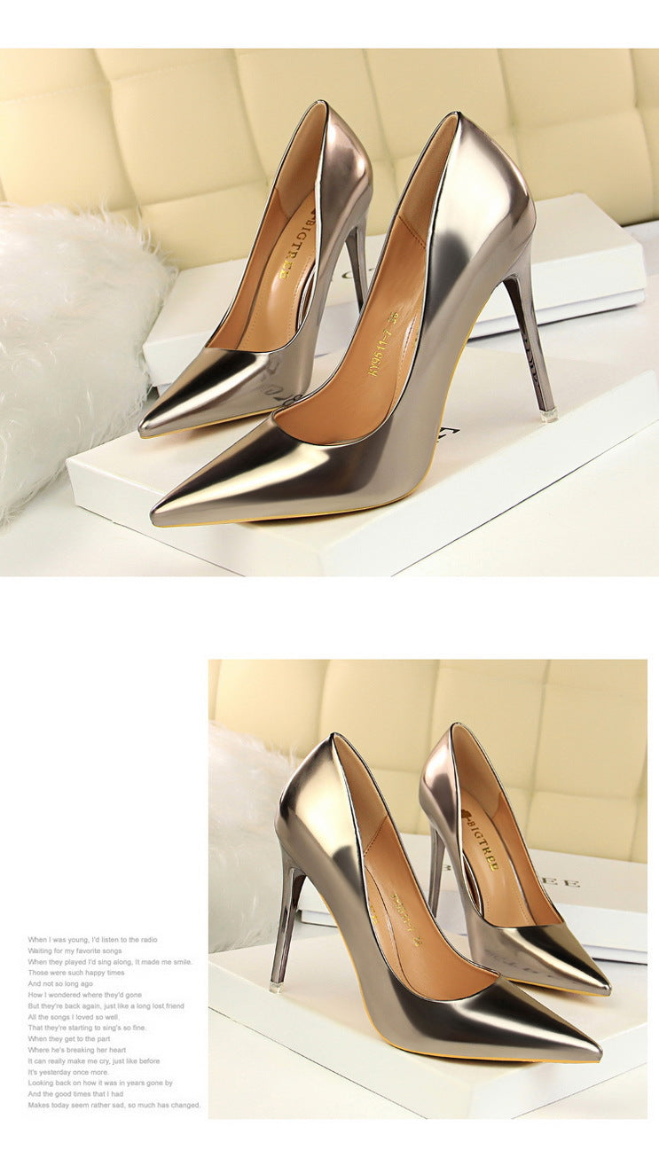 9511-7 European and American Style Fashionable Metal Heel High Heels Women's Shoes High Heel Low-Cut Pointed Toe Sexy Nightclubs Thinner Pumps