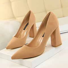 828-2 European and American Style Simple Chunky Heel High Heel Suede Shallow Pointed Toe Professional OL Slimming Women's Shoes High Heels Single Shoes