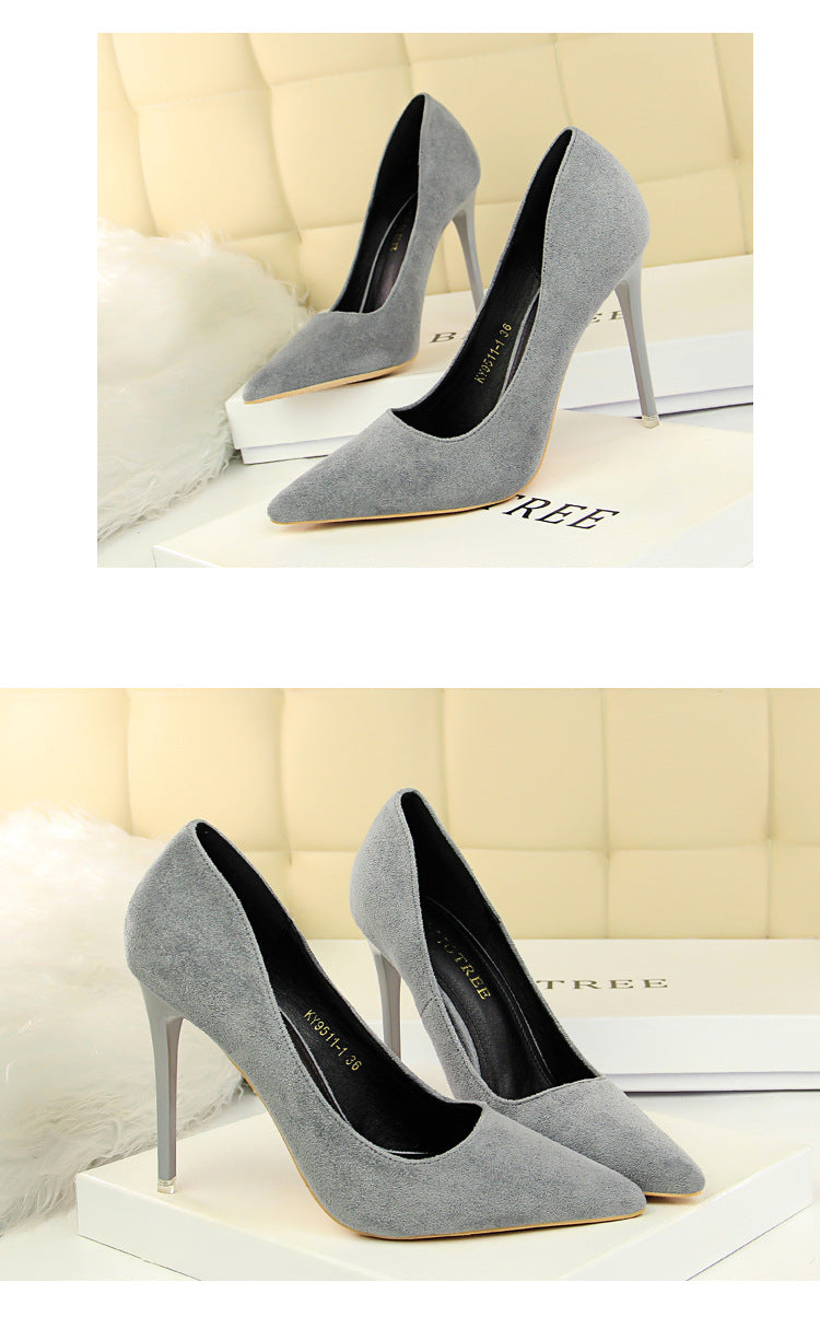 9511-1 European and American Style Fashion Simple Stylet Ultra High Heel Shallow Pointed Toe Suede Slim Sexy Nightclub Women's Shoes