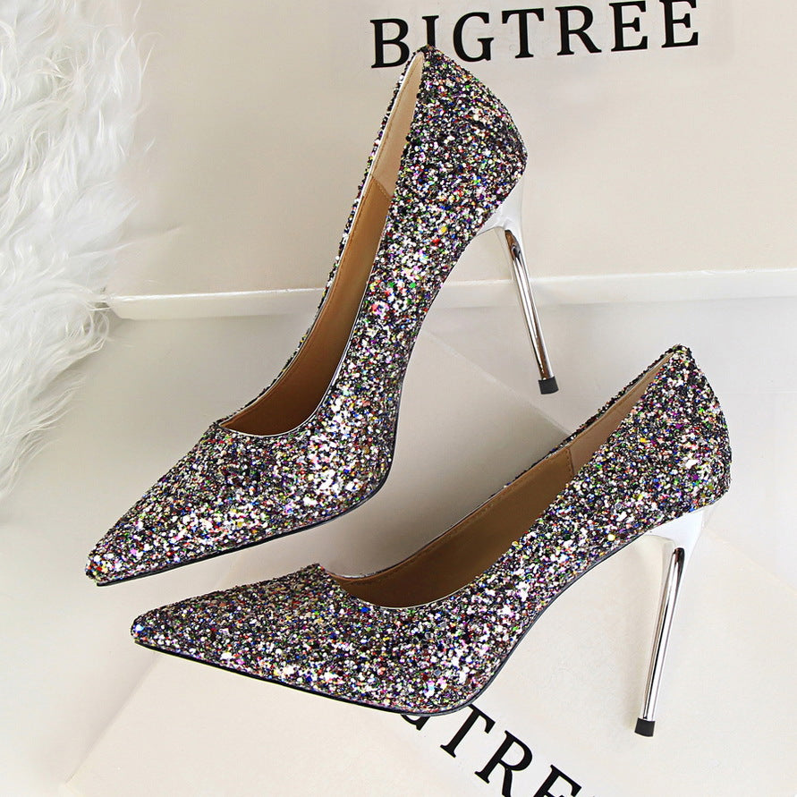 9219-1 European and American Style Women's Shoes High Heel Low-Cut Pointed Toe Sparkle Sequins Sexy Slimming Nightclub High Heels Pumps