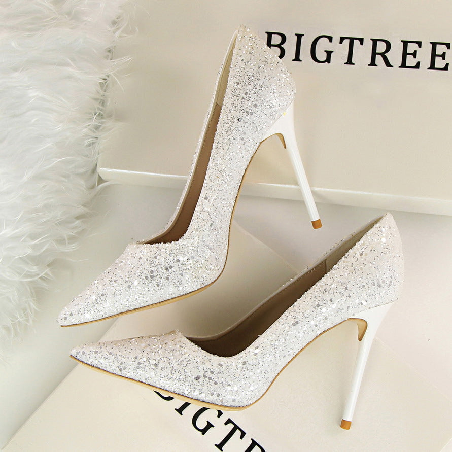 9219-1 European and American Style Women's Shoes High Heel Low-Cut Pointed Toe Sparkle Sequins Sexy Slimming Nightclub High Heels Pumps