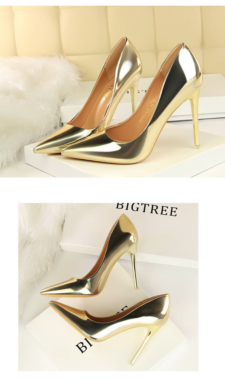 9511-7 European and American Style Fashionable Metal Heel High Heels Women's Shoes High Heel Low-Cut Pointed Toe Sexy Nightclubs Thinner Pumps