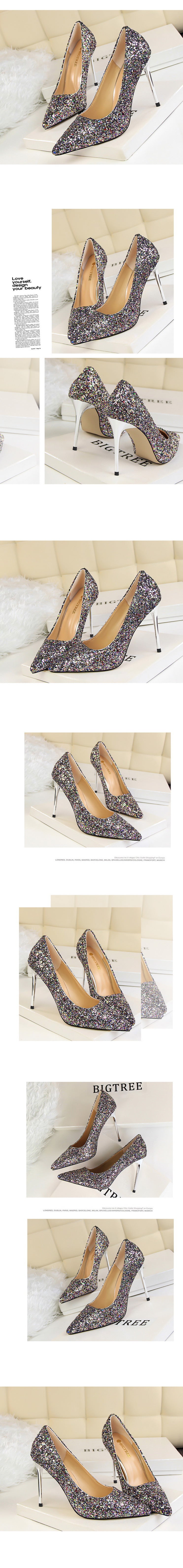 9219-1 European and American Style Women's Shoes High Heel Low-Cut Pointed Toe Sparkle Sequins Sexy Slimming Nightclub High Heels Pumps