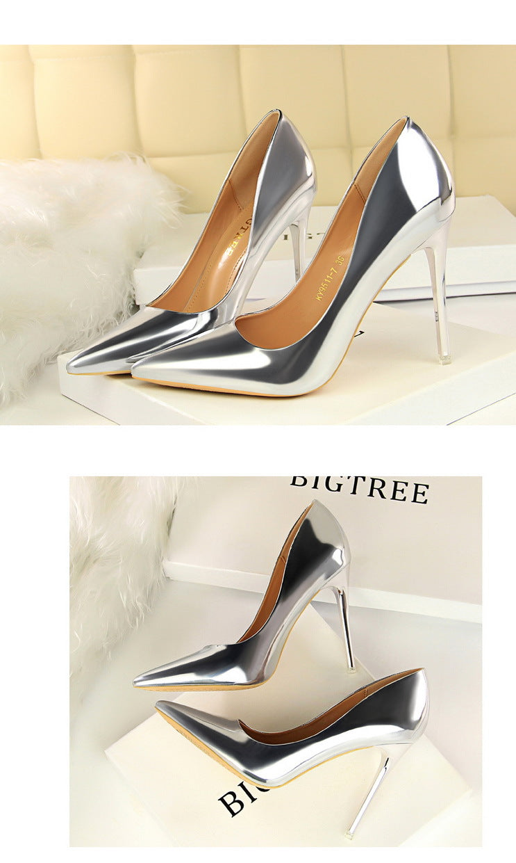 9511-7 European and American Style Fashionable Metal Heel High Heels Women's Shoes High Heel Low-Cut Pointed Toe Sexy Nightclubs Thinner Pumps