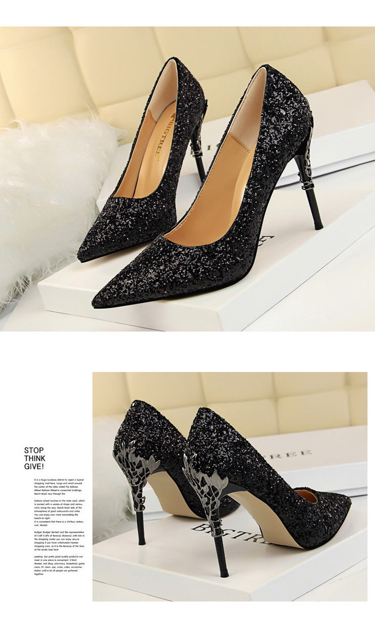 9219-12 European and American Style Fashion Sexy Nightclub Women's Shoes Metal Heel Stiletto High Heel Shallow Pointed Toe Sequin Pumps