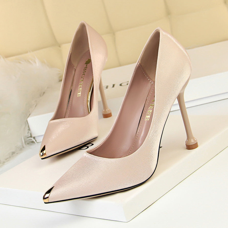 1823-1 European and American Style Fashion Party Women's Shoes Thin Heel High Heel Satin Shallow Mouth Metal Pointed Toe Sexy Slimming Single Shoes