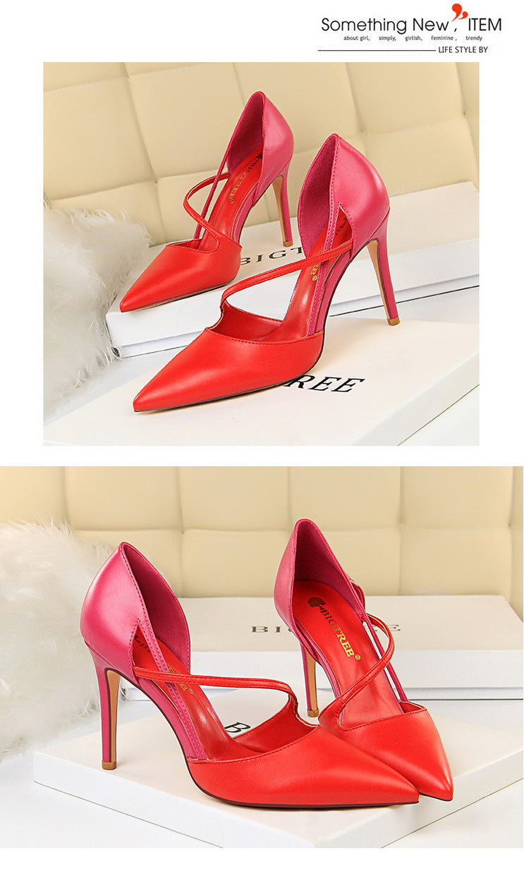 830-2 Korean Style Fashion Sweet High Heels Women's High Heel Shallow Mouth Pointed Toe Color Block Hollow Strap Slimming Single Shoes