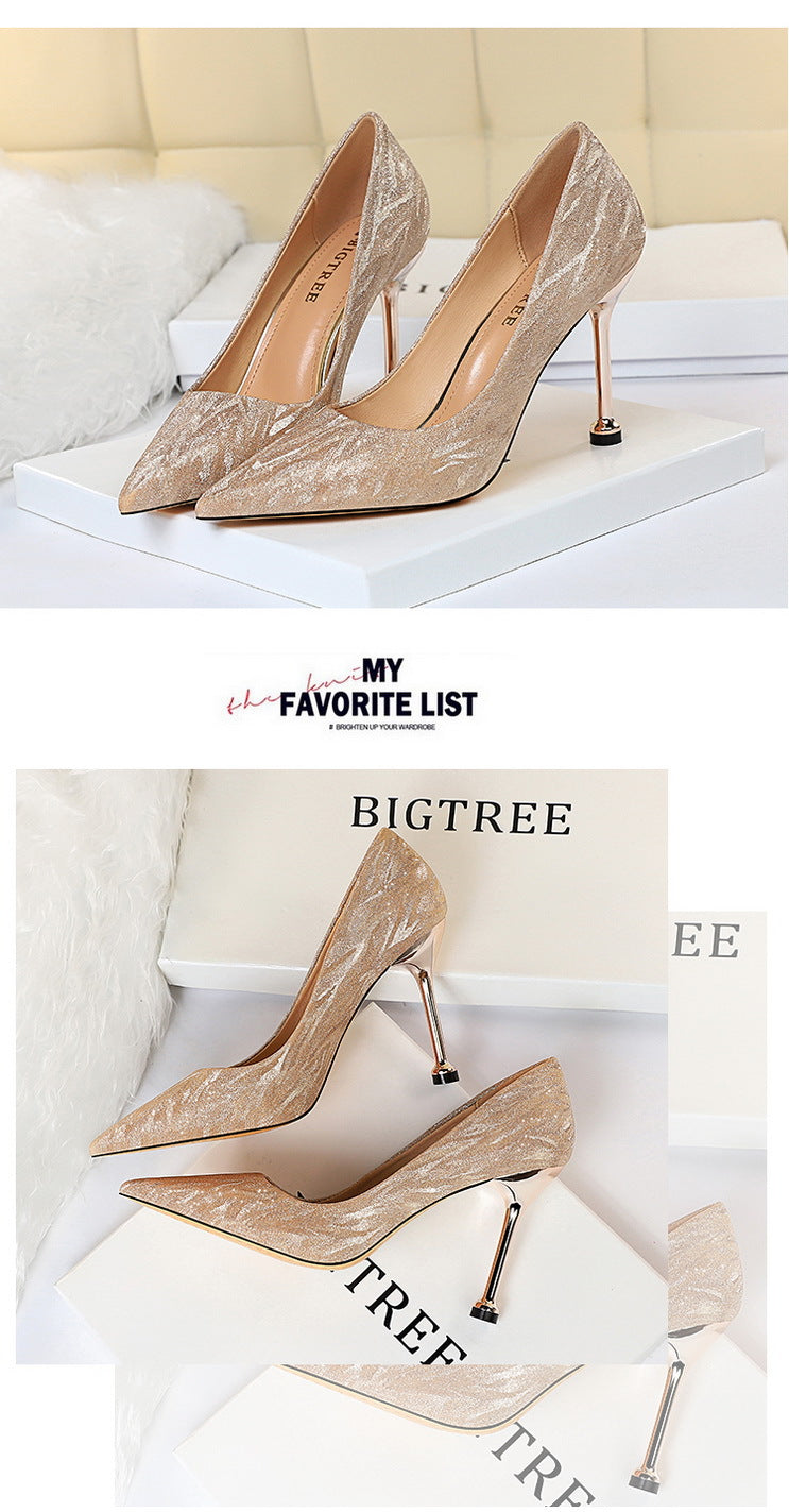 0755-6 European and American Style Versatile Women's Shoes Bridesmaid Shoes Wedding Shoes High Heels Shallow Pointed Toe Sexy Nightclub Slimming Women's Single Shoes