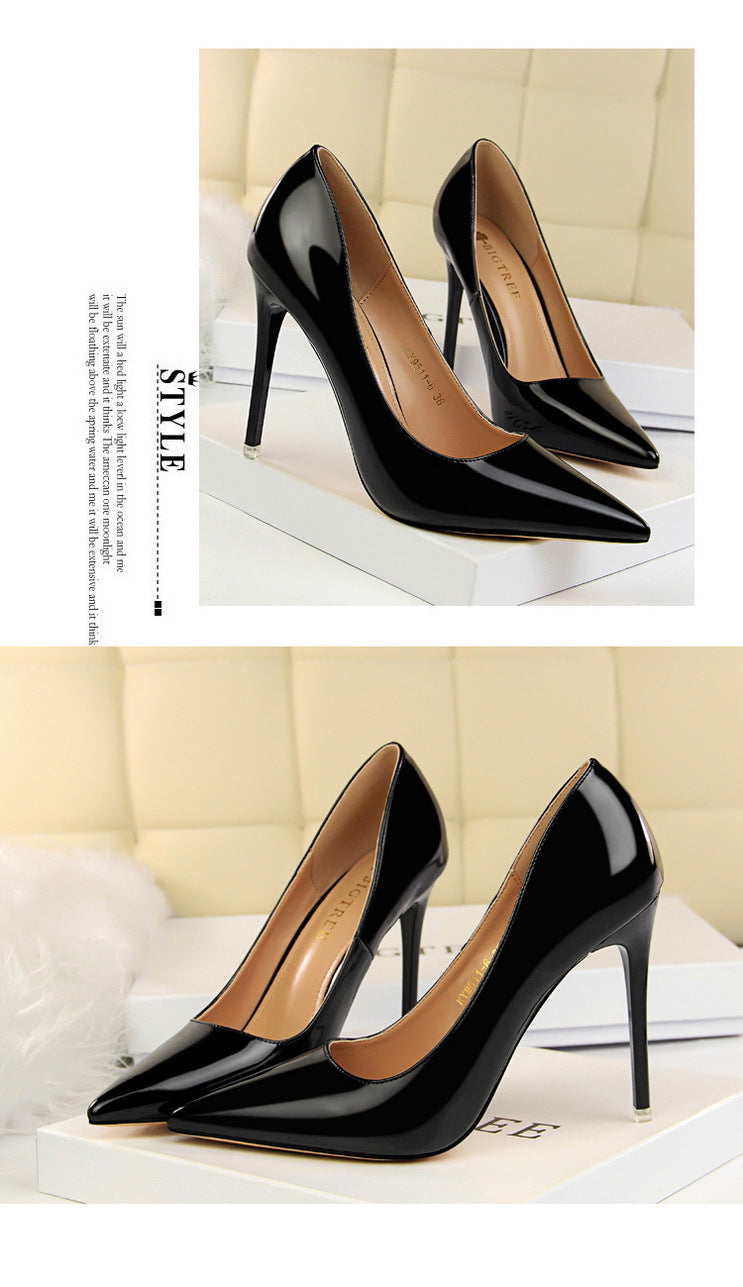 9511-6 European and American Style Fashion Simple Stiletto Ultra High Heel Patent Leather Shallow Pointed Toe Sexy Nightclub Slimming Women's Single Shoes