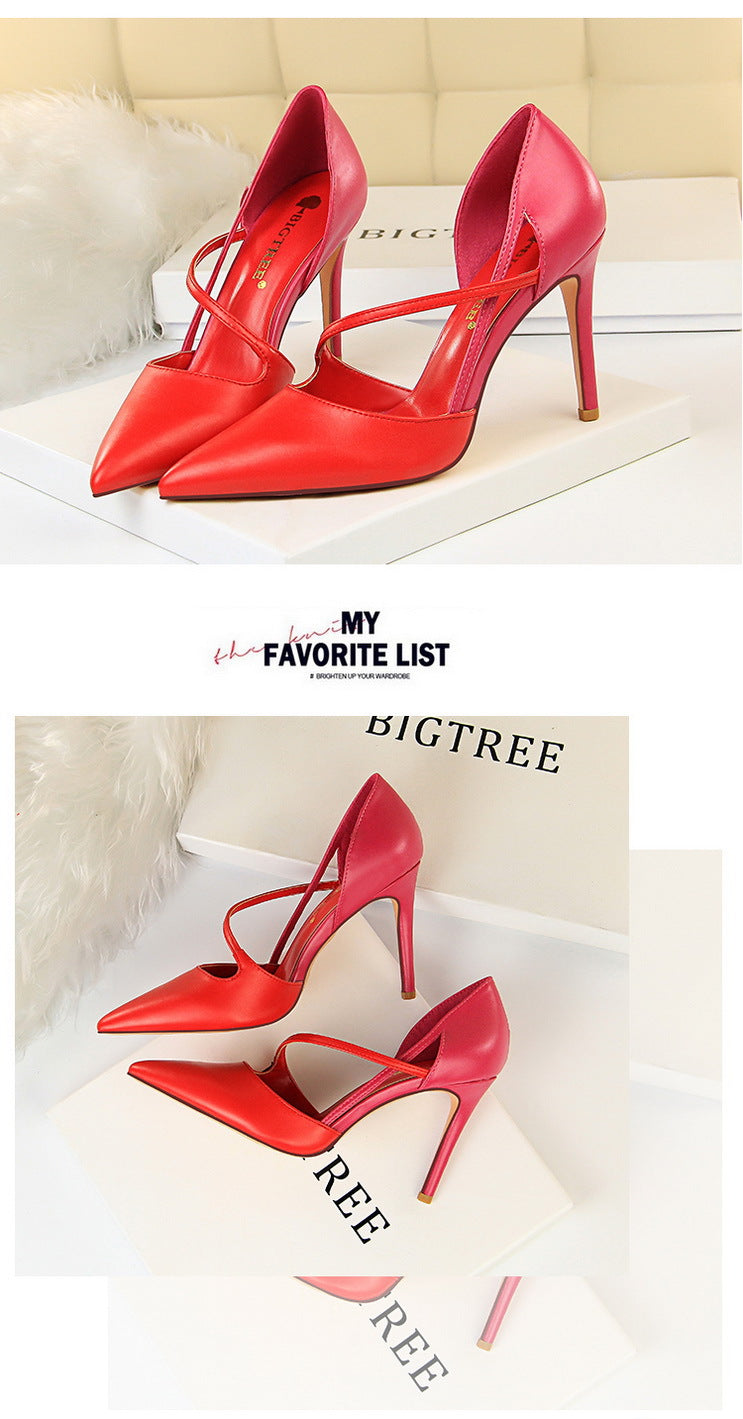 830-2 Korean Style Fashion Sweet High Heels Women's High Heel Shallow Mouth Pointed Toe Color Block Hollow Strap Slimming Single Shoes