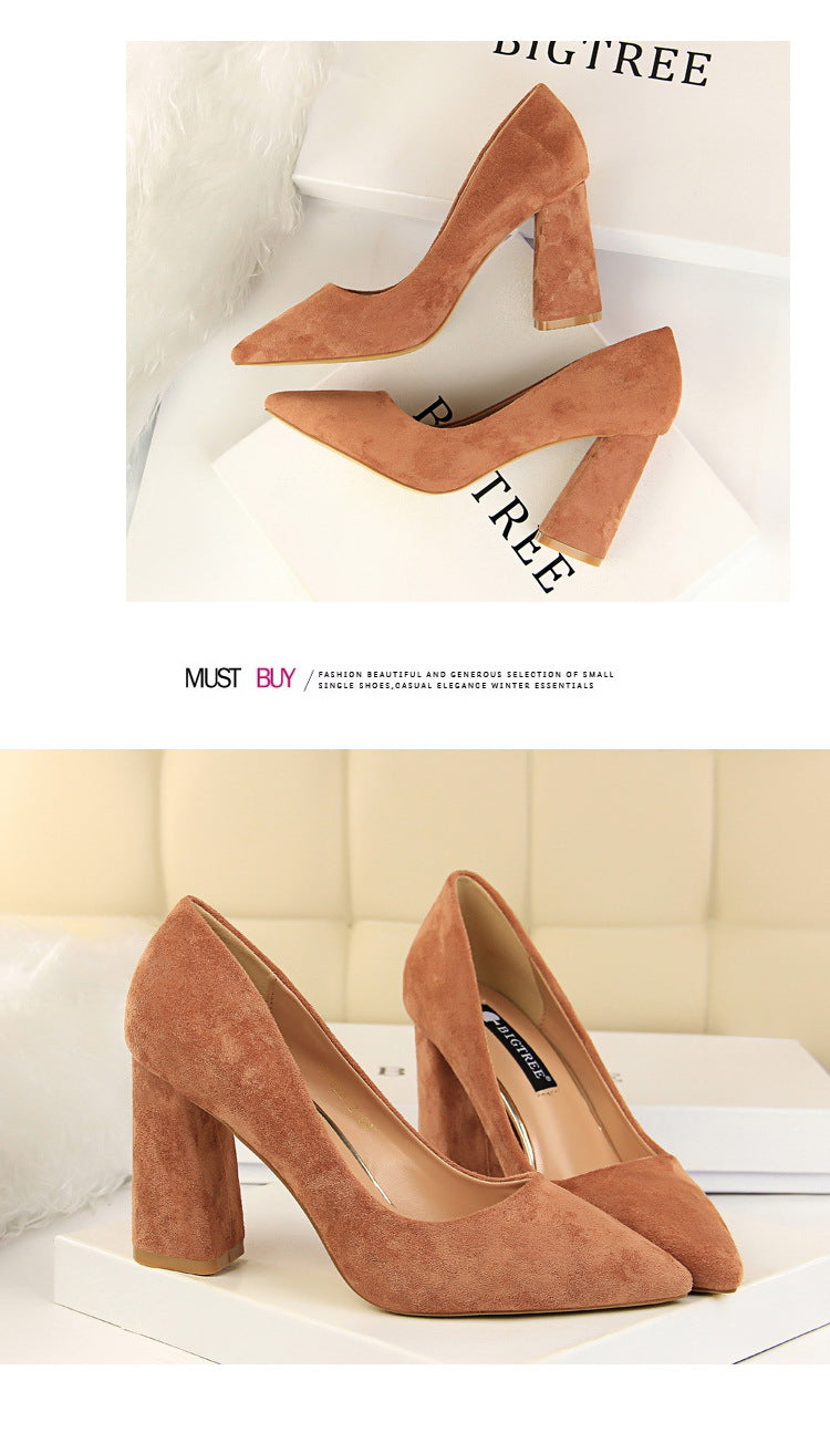 828-2 European and American Style Simple Chunky Heel High Heel Suede Shallow Pointed Toe Professional OL Slimming Women's Shoes High Heels Single Shoes