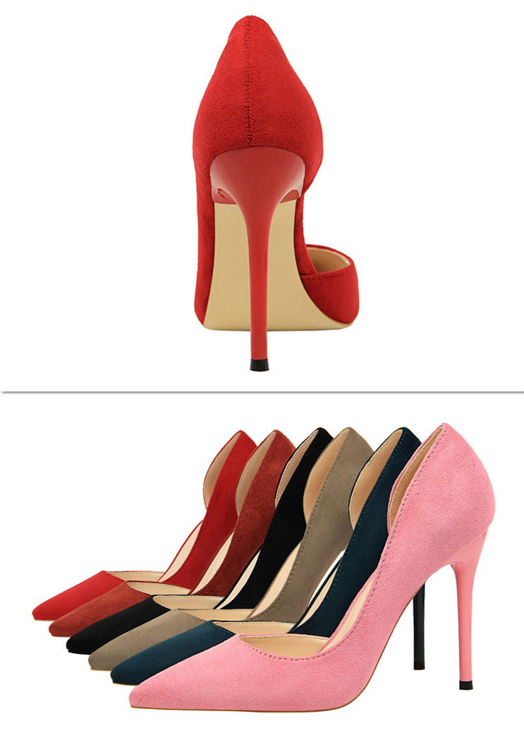 8918-2 European and American Style Simple Stiletto Ultra High Heel Suede Shallow Pointed Toe Sexy Nightclub Slimming Side Hollow Single Shoes