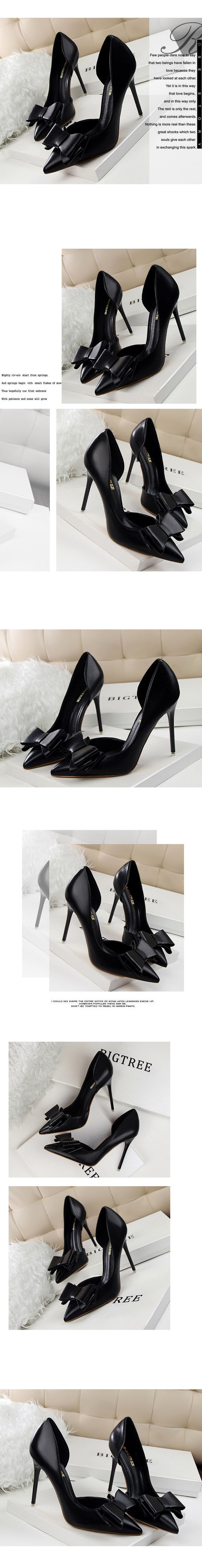 3168-2 Korean Style Fashionable Sweet Bowknot High Heels Stiletto Heel Shallow Mouth Pointed Toe Side Hollow out Pumps