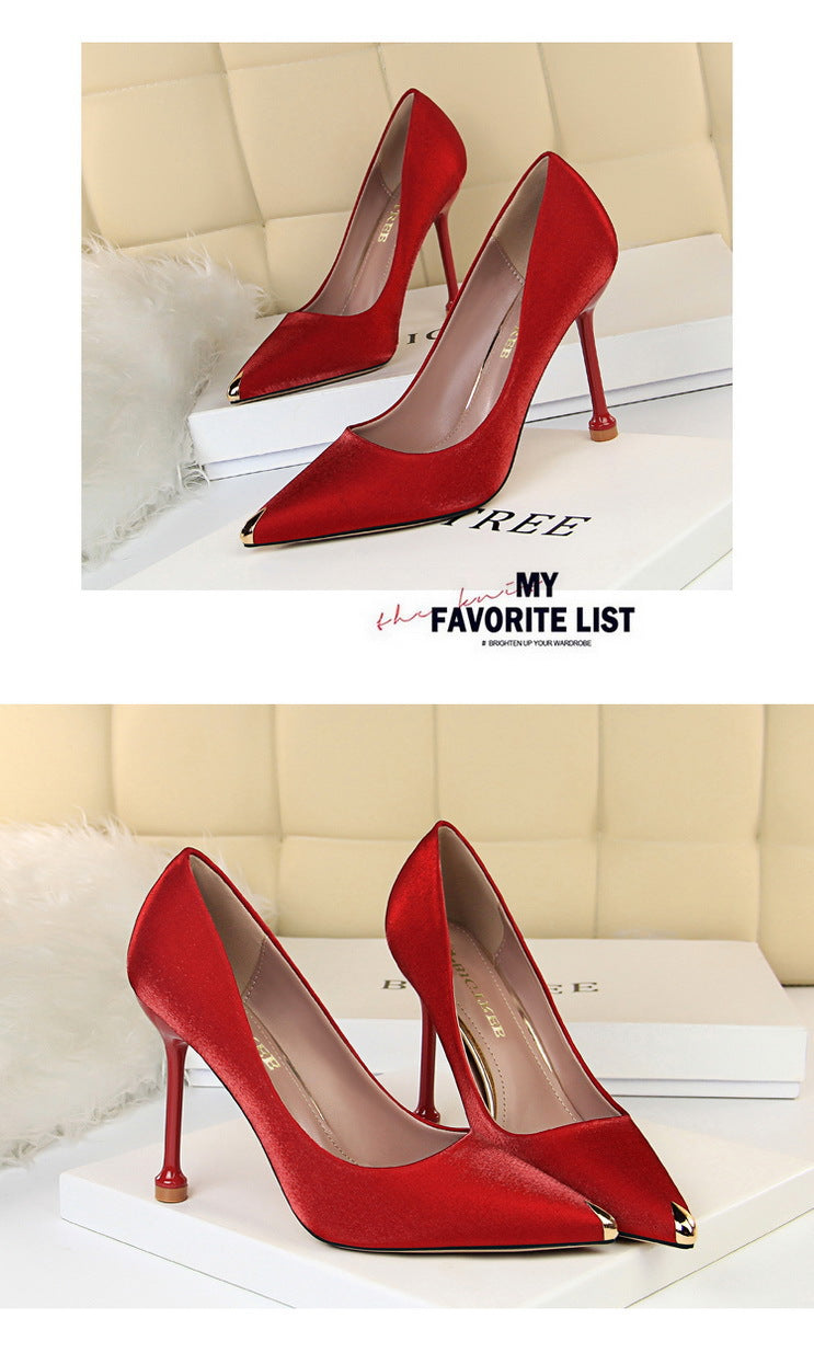 1823-1 European and American Style Fashion Party Women's Shoes Thin Heel High Heel Satin Shallow Mouth Metal Pointed Toe Sexy Slimming Single Shoes