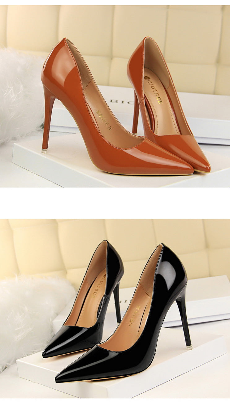 9511-6 European and American Style Fashion Simple Stiletto Ultra High Heel Patent Leather Shallow Pointed Toe Sexy Nightclub Slimming Women's Single Shoes