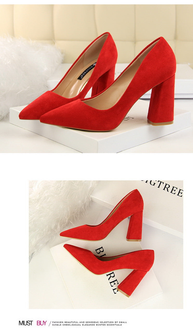 828-2 European and American Style Simple Chunky Heel High Heel Suede Shallow Pointed Toe Professional OL Slimming Women's Shoes High Heels Single Shoes